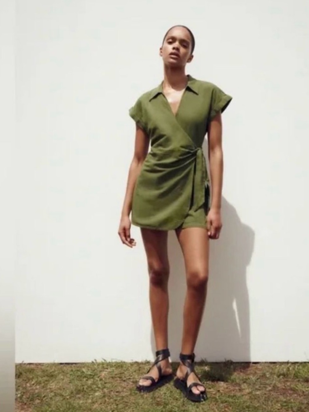 Zara Olive Green Wrap Mini Linen Dress